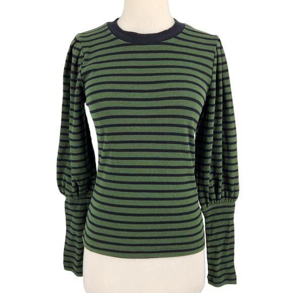 SALE DKNY Jeans Green Black Stripe Mutton Sleeve Pullover Knit Top Sweater Small - Picture 2 of 6
